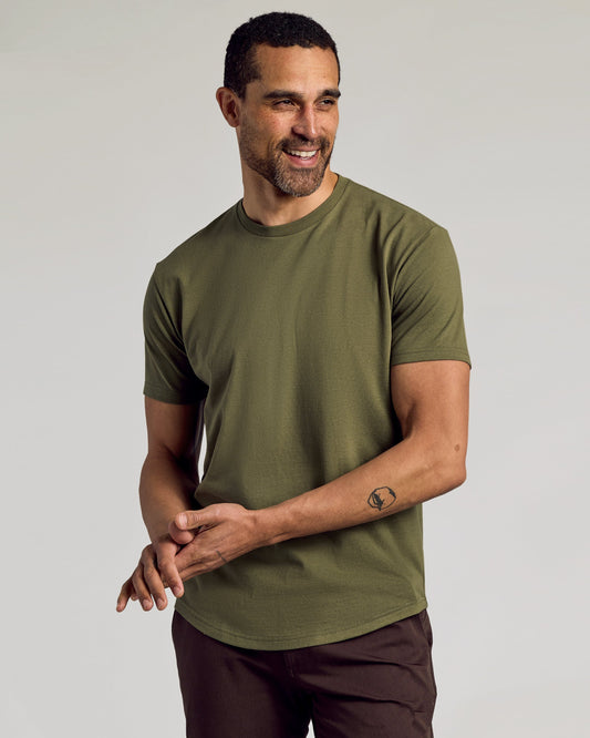Military Green Curved Hem Classic Crew Neck