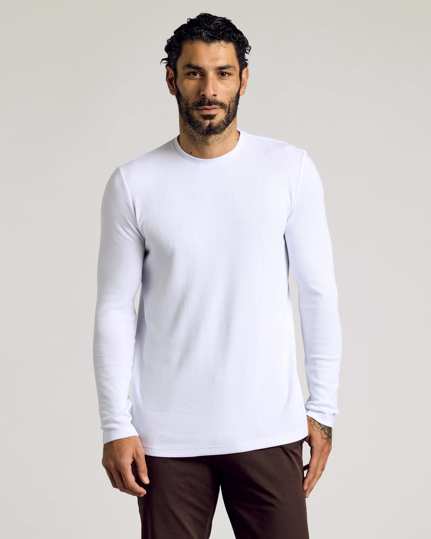 White Waffle Long Sleeve Crew Neck