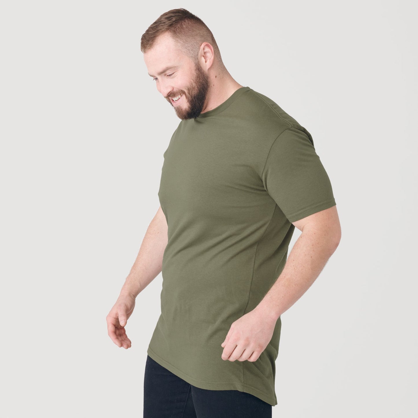 Military Green Tall Round Hem Crew Neck T-Shirt