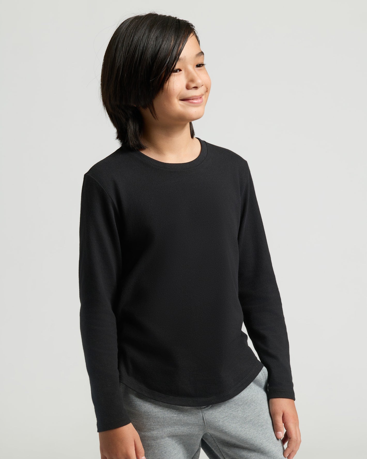 Boys' Black Classic Long Sleeve Curved Hem Crew