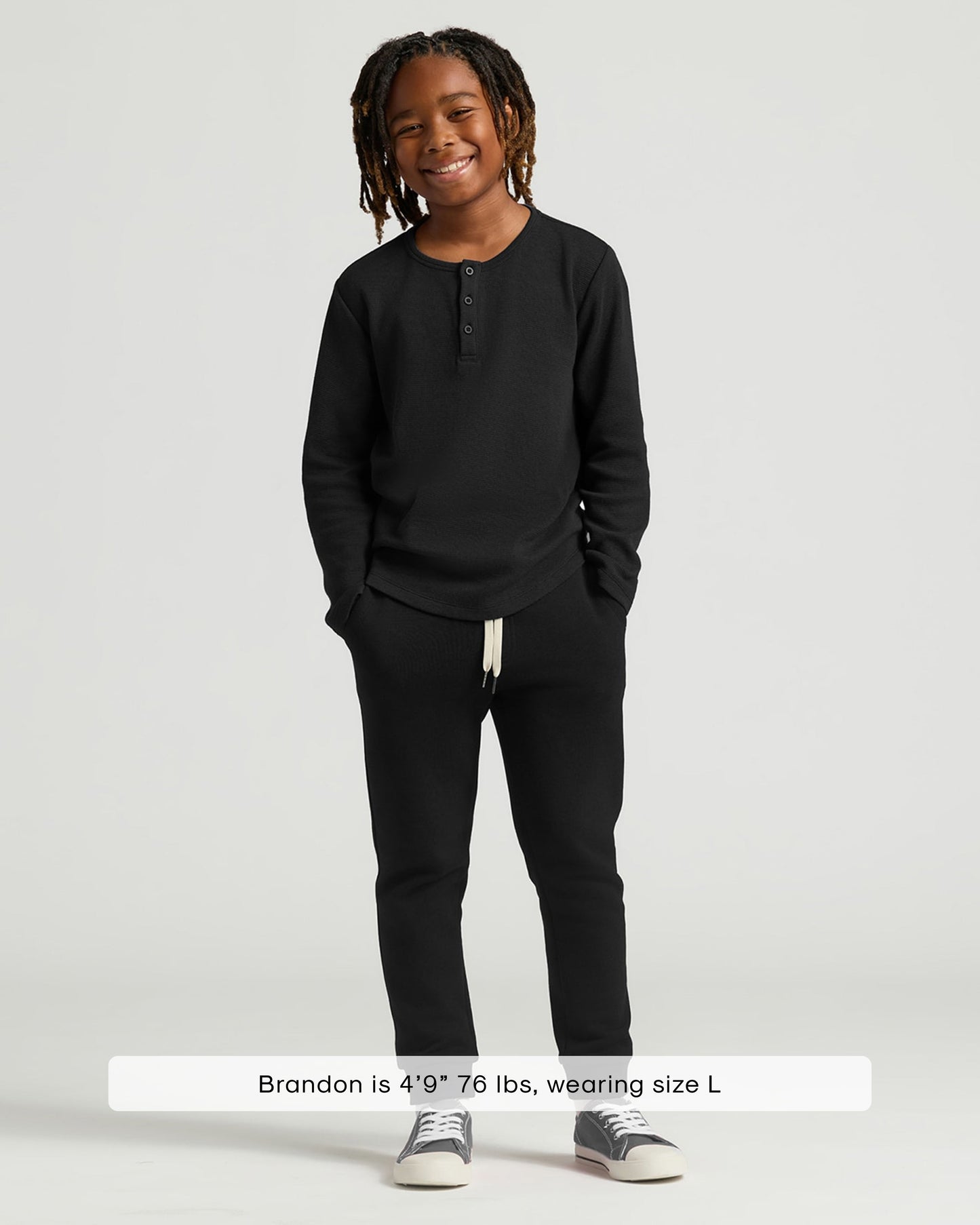 Boys' Black Waffle Long Sleeve Curved Hem Henley