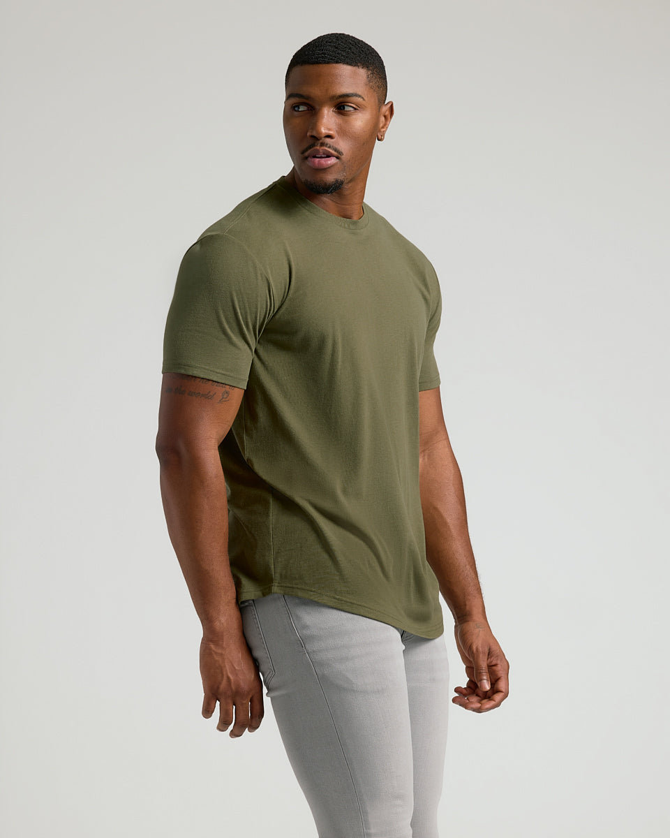 Military Green Short Sleeve Tall Curved Hem Crew
