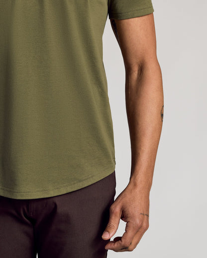Military Green Curved Hem Classic Crew Neck