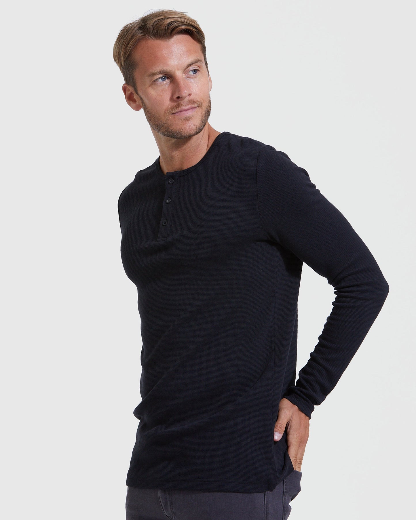 Black Waffle Long Sleeve Henley 6-Pack