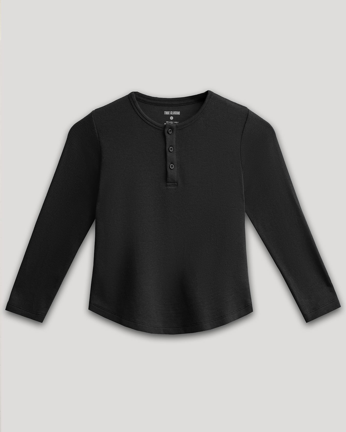 Boys' Black Waffle Long Sleeve Curved Hem Henley