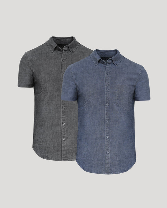 Black Wash & Medium Indigo Wash Short Sleeve Stretch Chambray Shirt 2-Pack