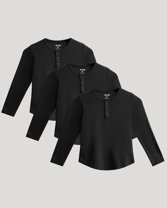 Boys' All Black Waffle Long Sleeve Henley 3-Pack