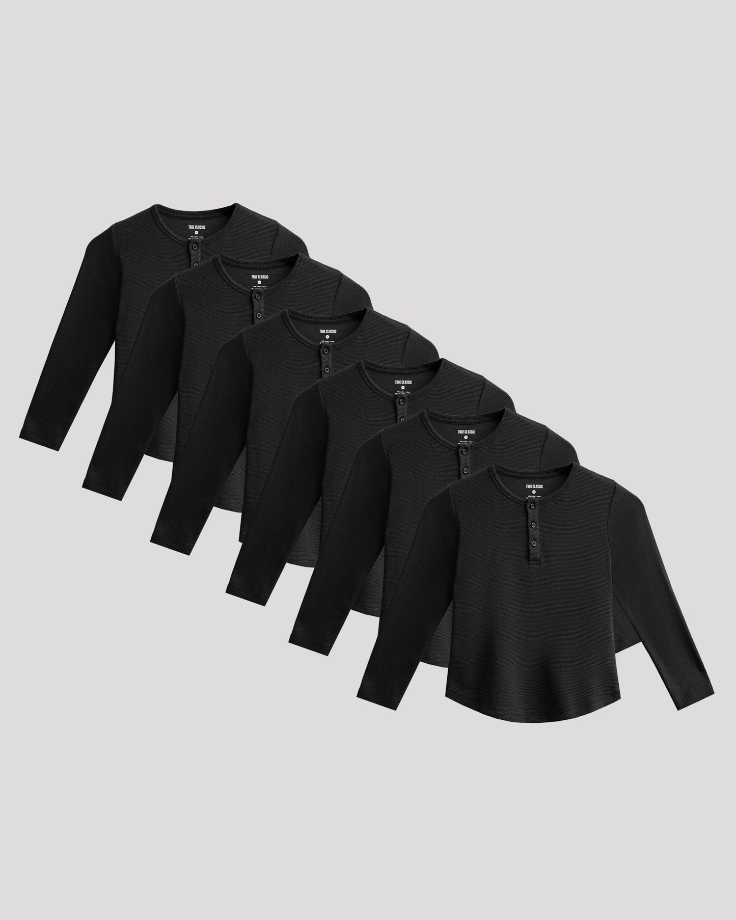 Boys' All Black Waffle Long Sleeve Curved Hem Henley 6-Pack