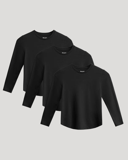 Boys' All Black Classic Long Sleeve Curved Hem Crew Neck 3-Pack
