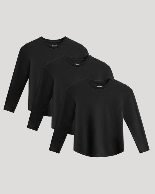 Boys' All Black Classic Long Sleeve Curved Hem Crew Neck 3-Pack