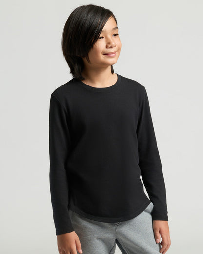 Boys' All Black Classic Long Sleeve Curved Hem Crew Neck 3-Pack