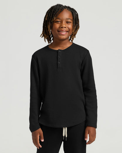 Boys' All Black Waffle Long Sleeve Henley 3-Pack