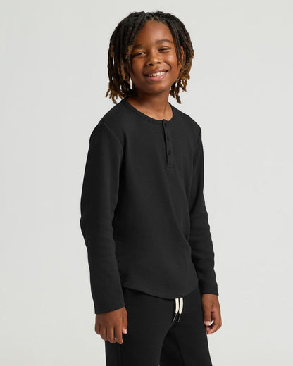 Boys' Black Waffle Long Sleeve Curved Hem Henley