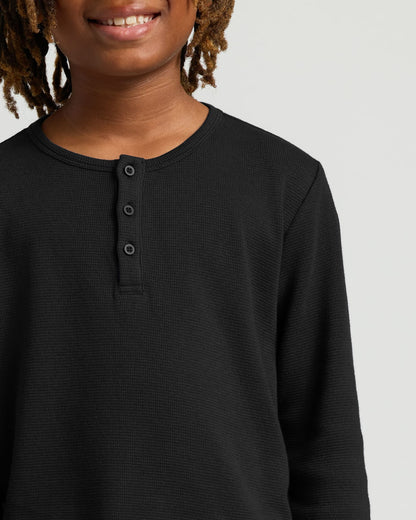 Boys' Black Waffle Long Sleeve Curved Hem Henley