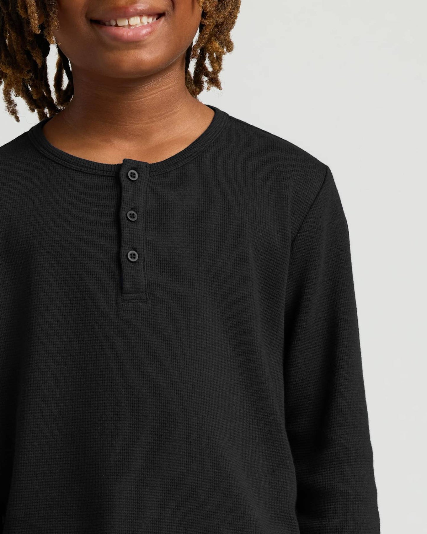 Boys' All Black Waffle Long Sleeve Curved Hem Henley 6-Pack