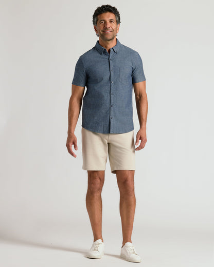 Medium Indigo Wash Short Sleeve Stretch Chambray Shirt