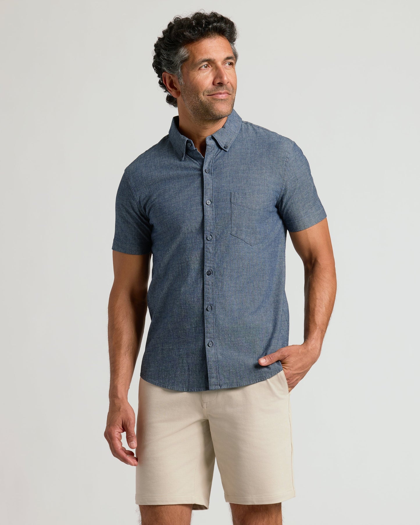 Medium Indigo Wash Short Sleeve Stretch Chambray Shirt