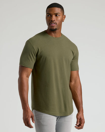 Military Green Short Sleeve Tall Curved Hem Crew